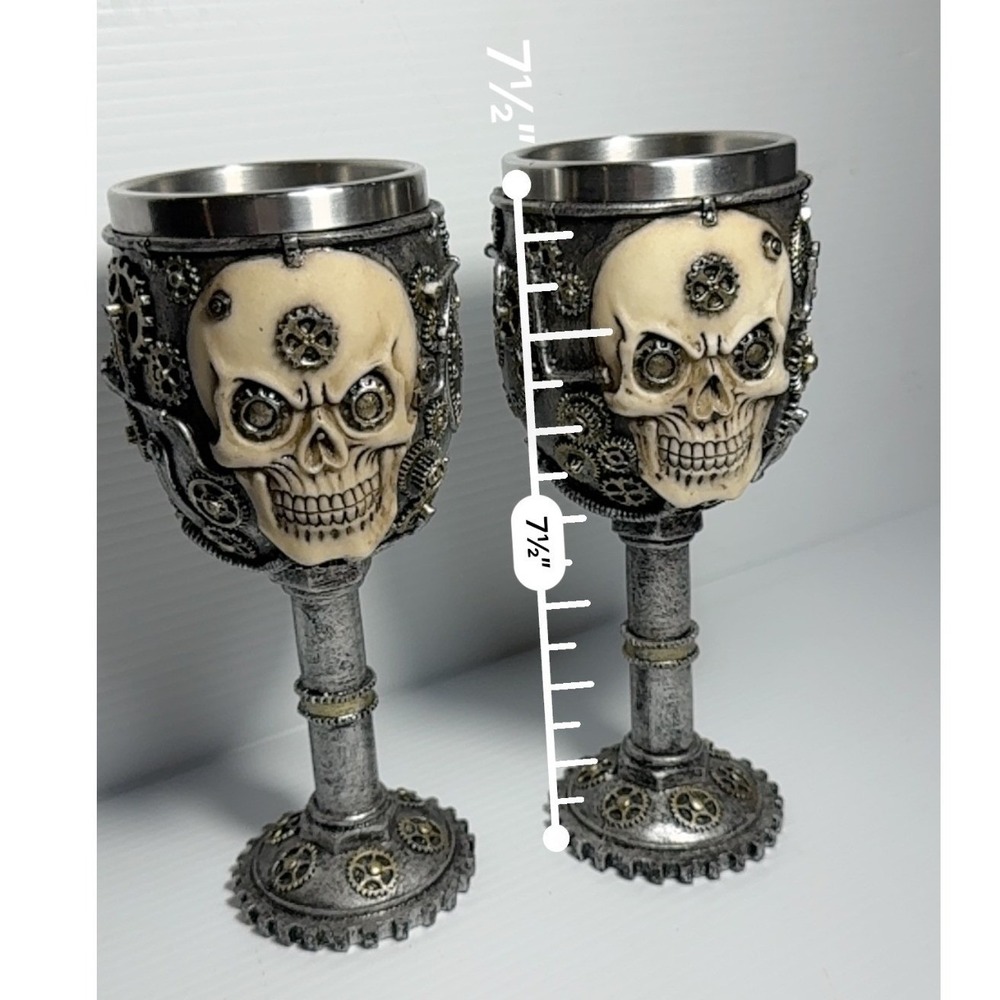 Steampunk Skull Wine Goblet Set of 2 Mechanical Gearwork Skeleton Chalice 7.5 In - Picture 6 of 8